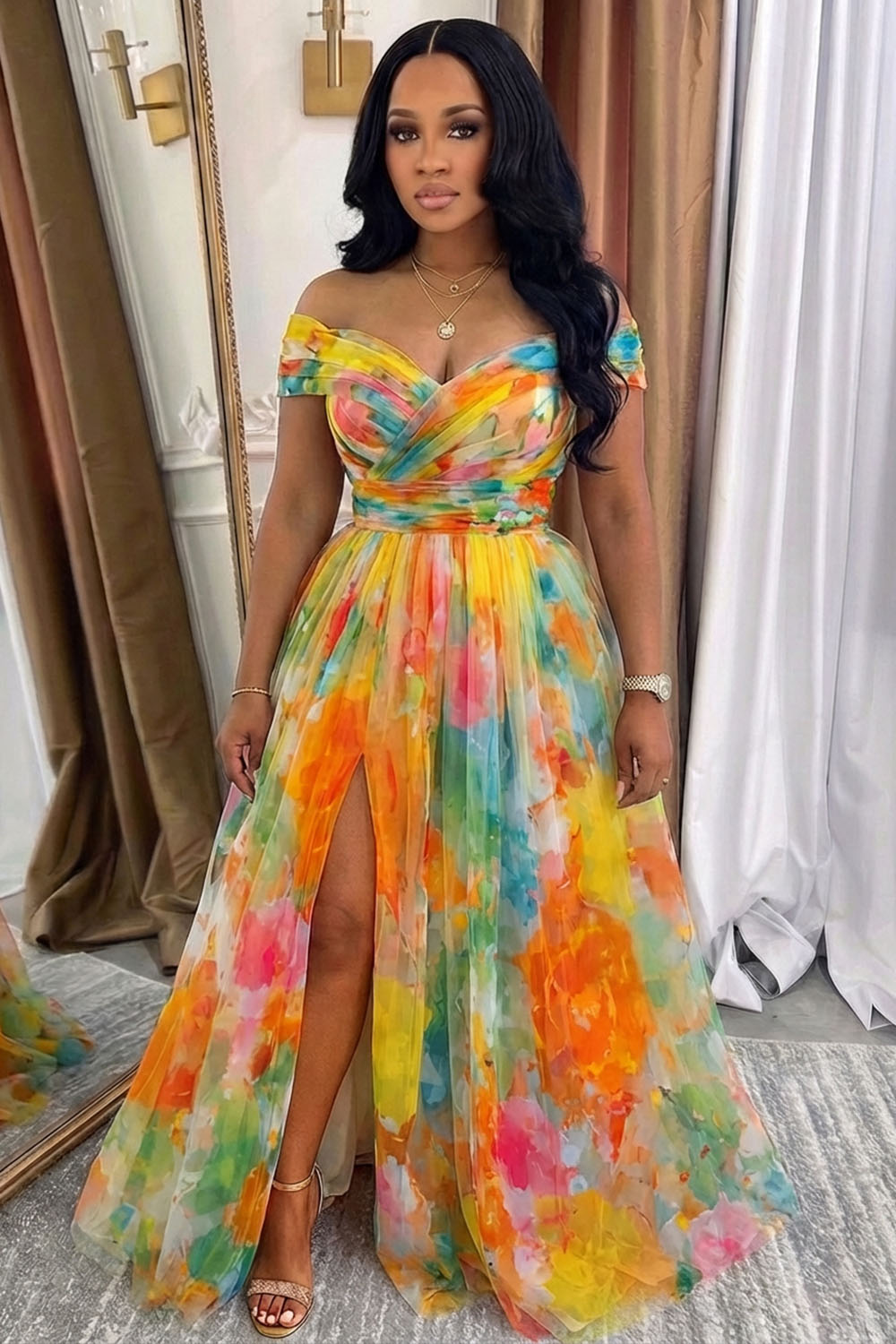 Off Shoulder Floral Mesh Slit Vacation Maxi Dresses