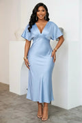 Solid Color V Neck Short Sleeve Cinch Waist Satin Midi Dresses-Blue
