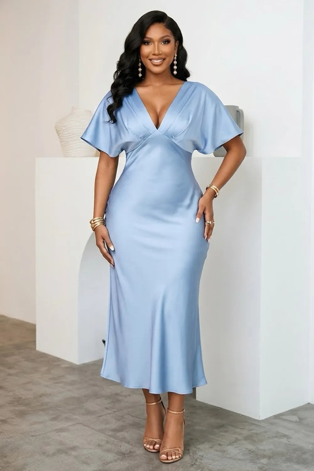 Solid Color V Neck Short Sleeve Cinch Waist Satin Midi Dresses-Blue