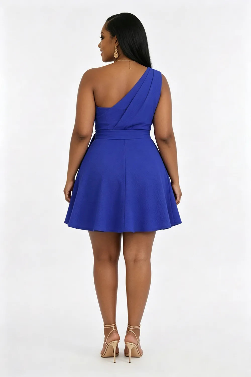 One Shoulder Skew Neck Slant Pocket Cinch Waist Ruched Mini Dresses-Black