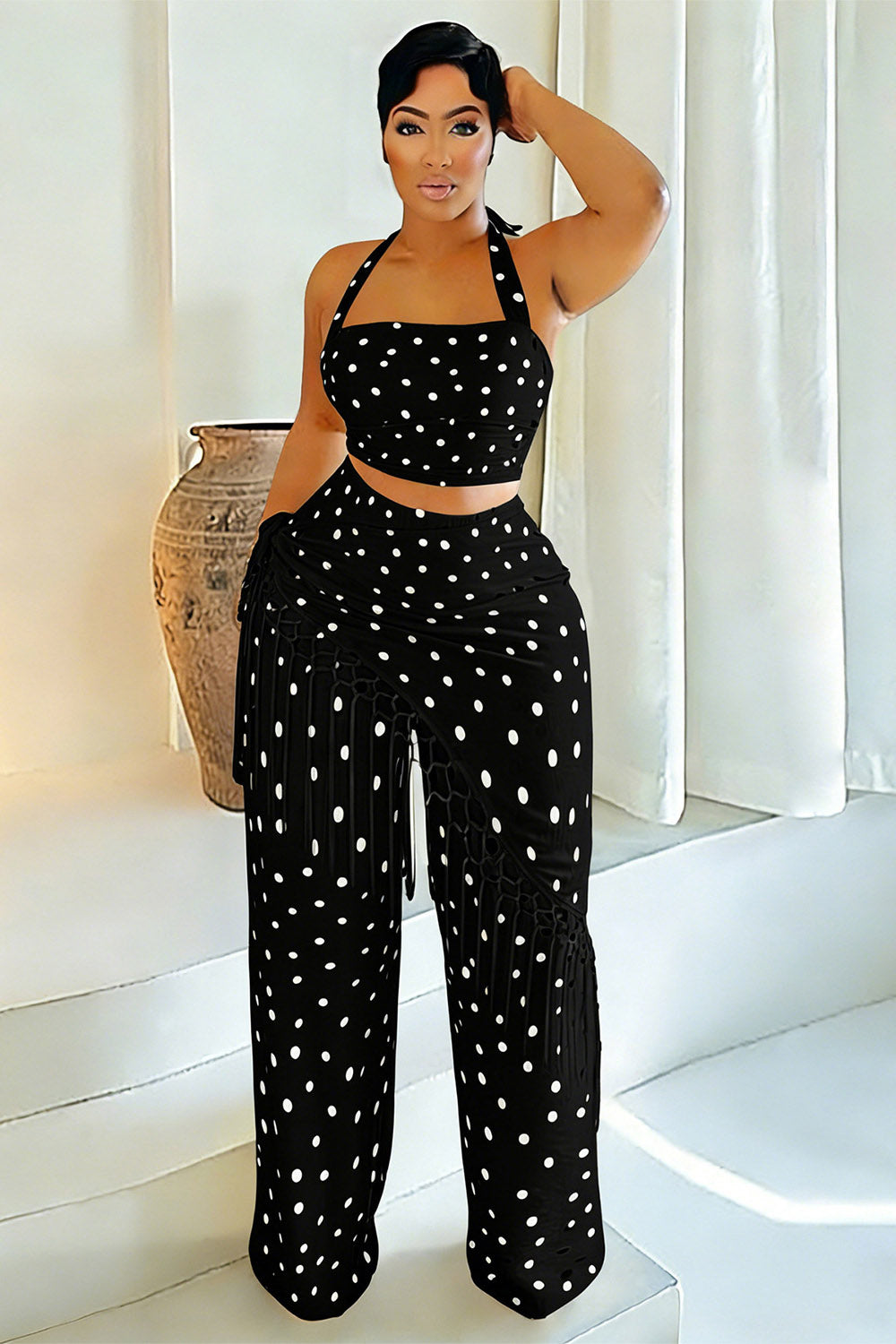 Polka Dot Halter Crop Top Pants Fringe Detachable Mini Skirt 3pcs Set-Yellow