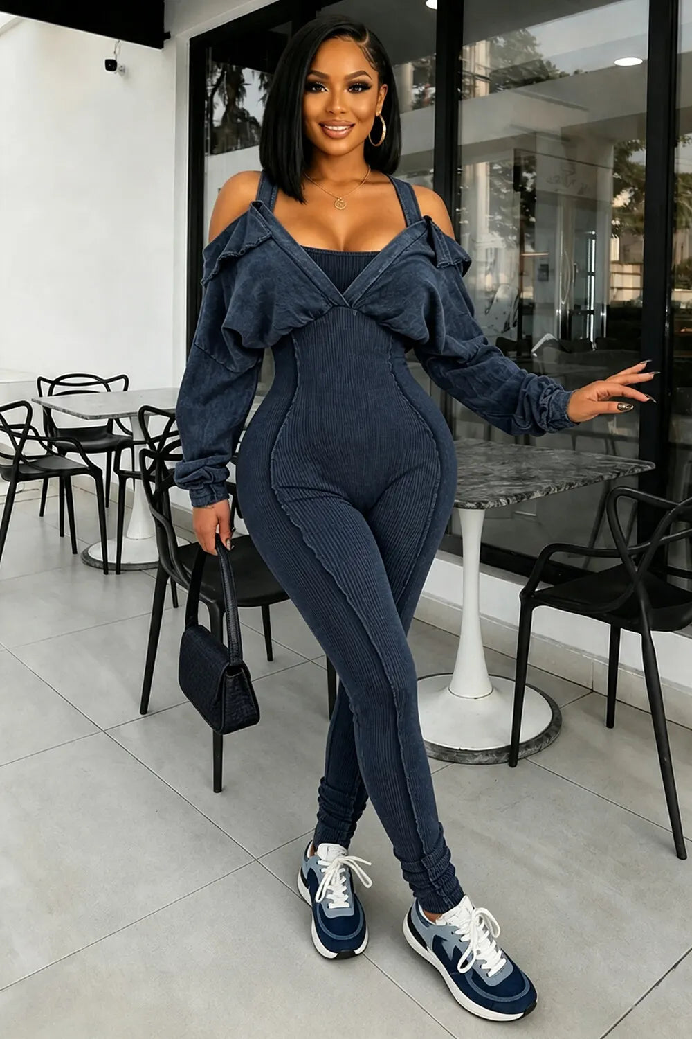 Ribbed Cold Shoulder Long Sleeve Casual Skinny Jumpsuit-Blue