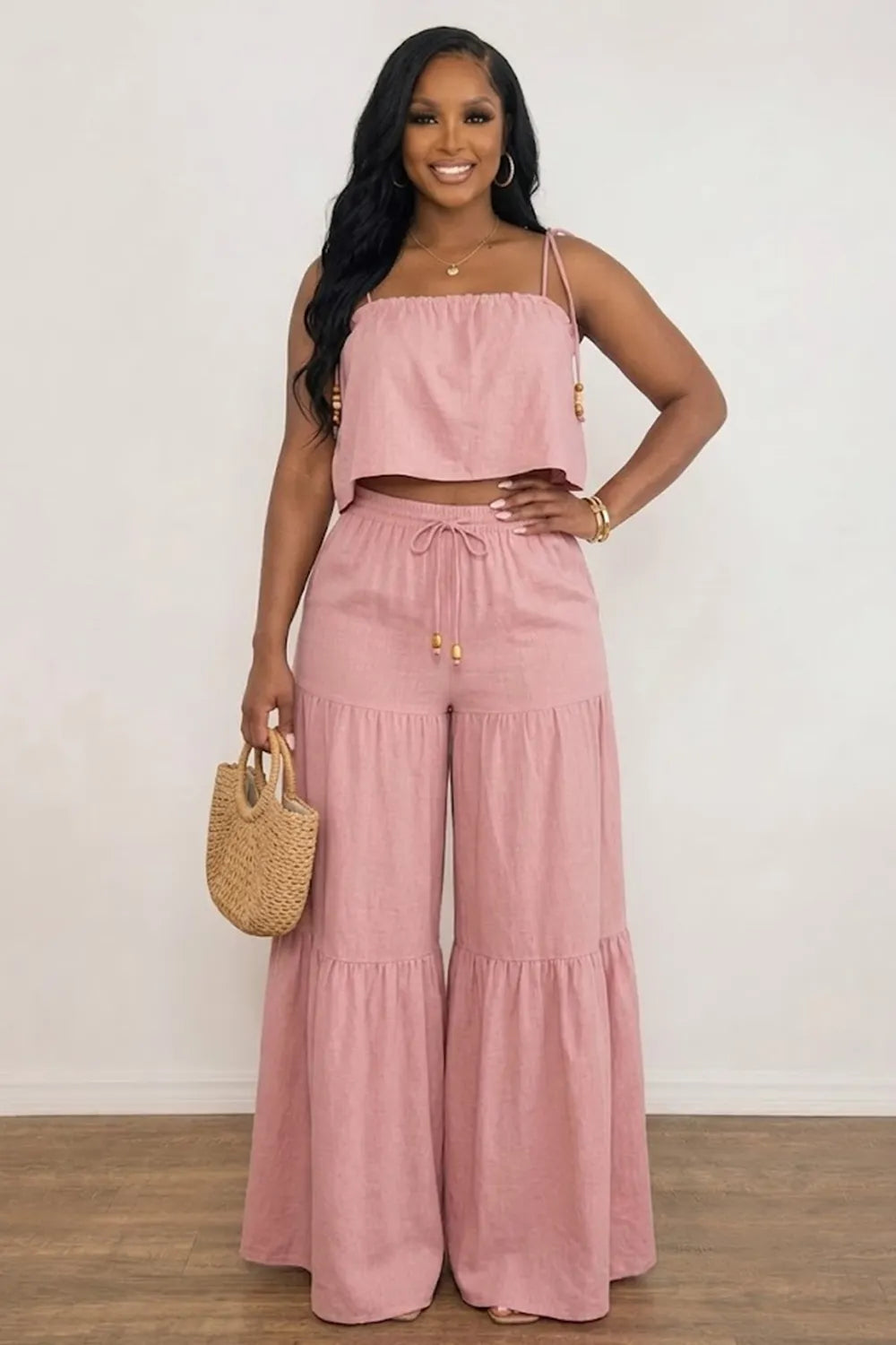 Tie-Up Strap Crop Top Drawstring Tiered Wide Leg Pants 2pcs Set-Yellow