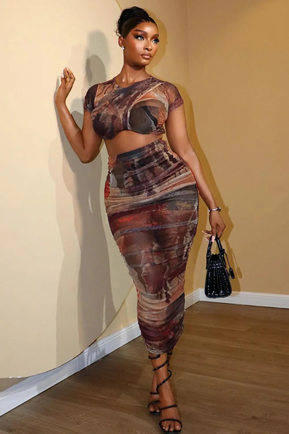 All Over Print Round Neck Short Sleeve Top Maxi Skirt Casual 2pcs Set-Brown
