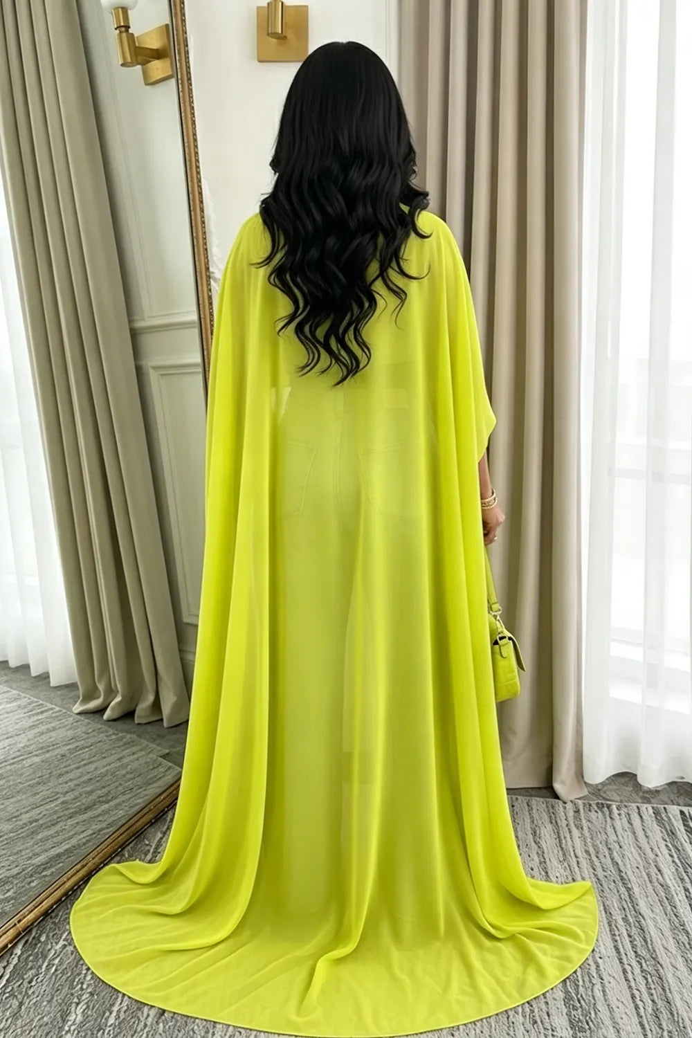 Boat Neck High Low Hem Loose Fit Mesh Cape Sleeve Floor Length Top-Green