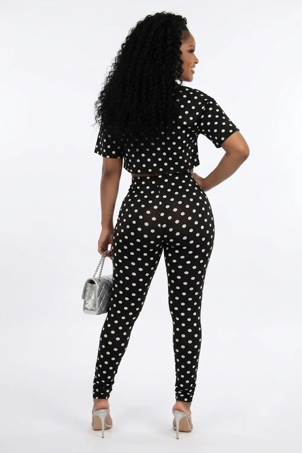 Polka Dot Safty Pin Decor Cutout Short Sleeve Crop Top Pants 2pcs Set-Black