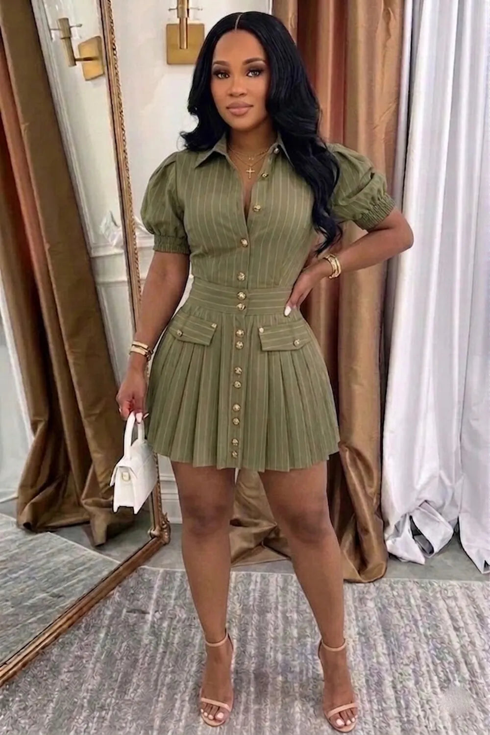 Collar Puff Sleeve A-Line Casual Mini Dresses-Green