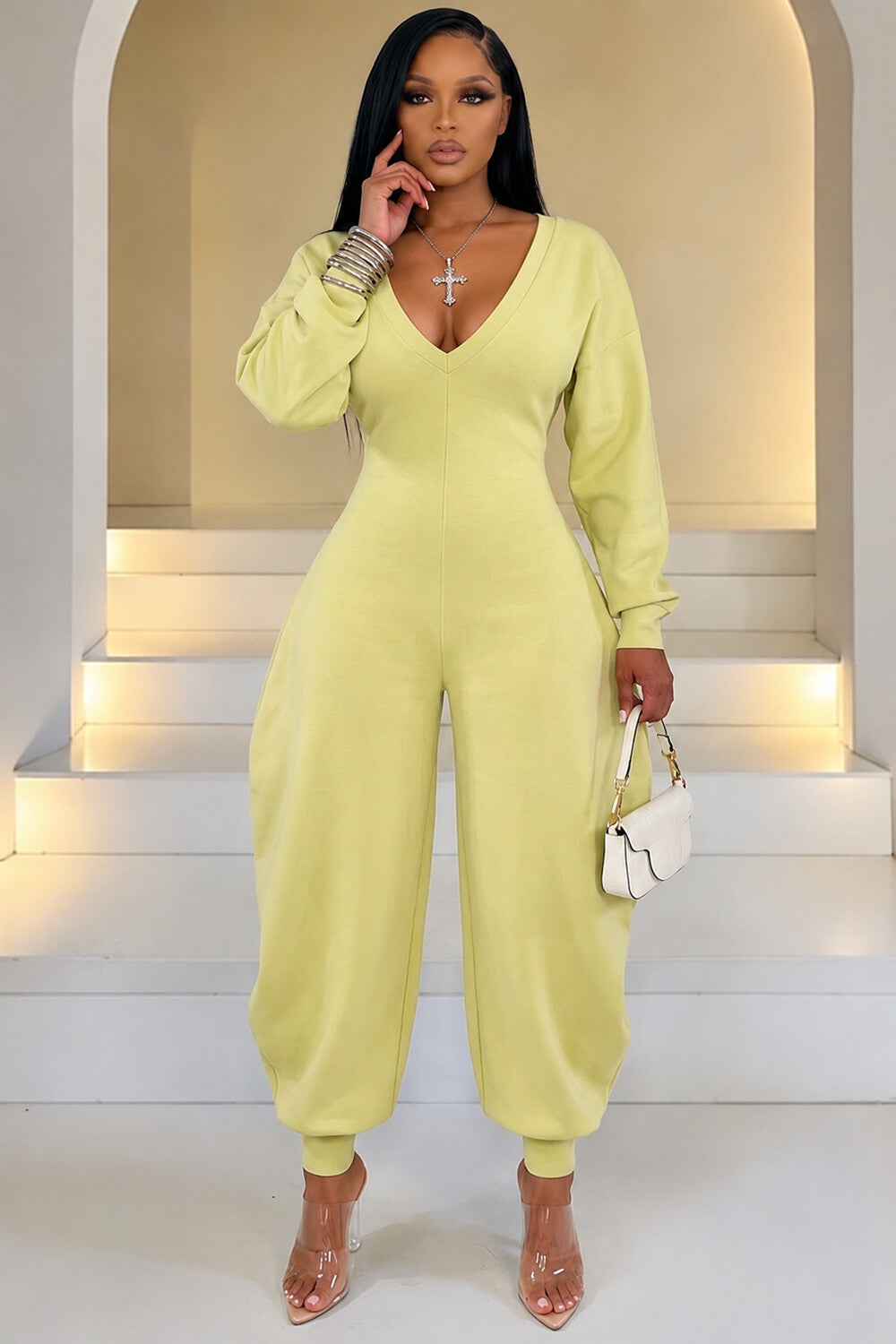 Solid Color V Neck Long Sleeve Vacation Tapered Jumpsuit-Green