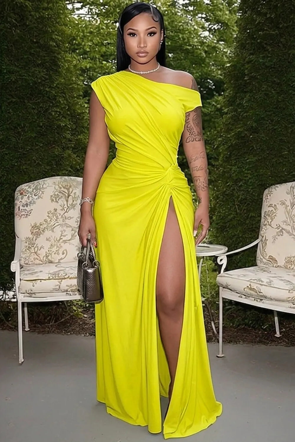 One Shoulder Sleeveless Ruched Slit Gowns Maxi Dresses-Yellow