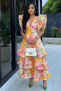 Deep V Neck Floral Print Layered Ruffles Maxi Dresses