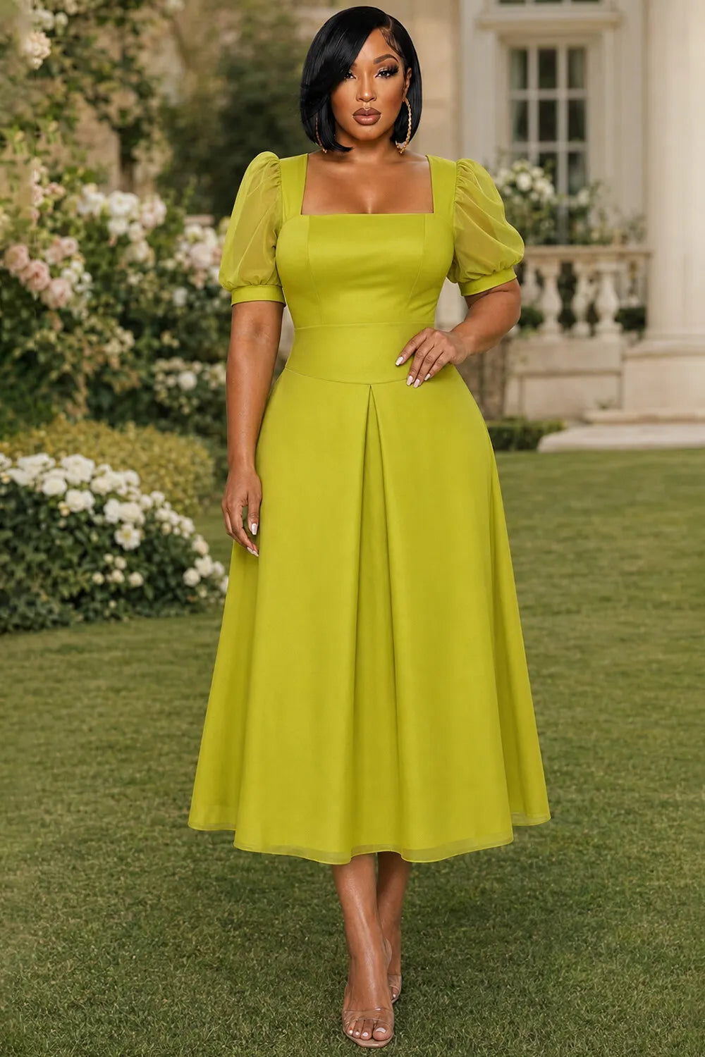 Square Neck Puff Sleeve Cinch Waist Ruffle Hem Midi Dresses-Green