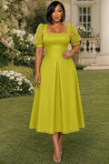 Square Neck Puff Sleeve Cinch Waist Ruffle Hem Midi Dresses-Green