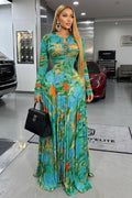 Round Neck Long Sleeve Pearl Decor All Over Print Vacation Maxi Dresses-Green