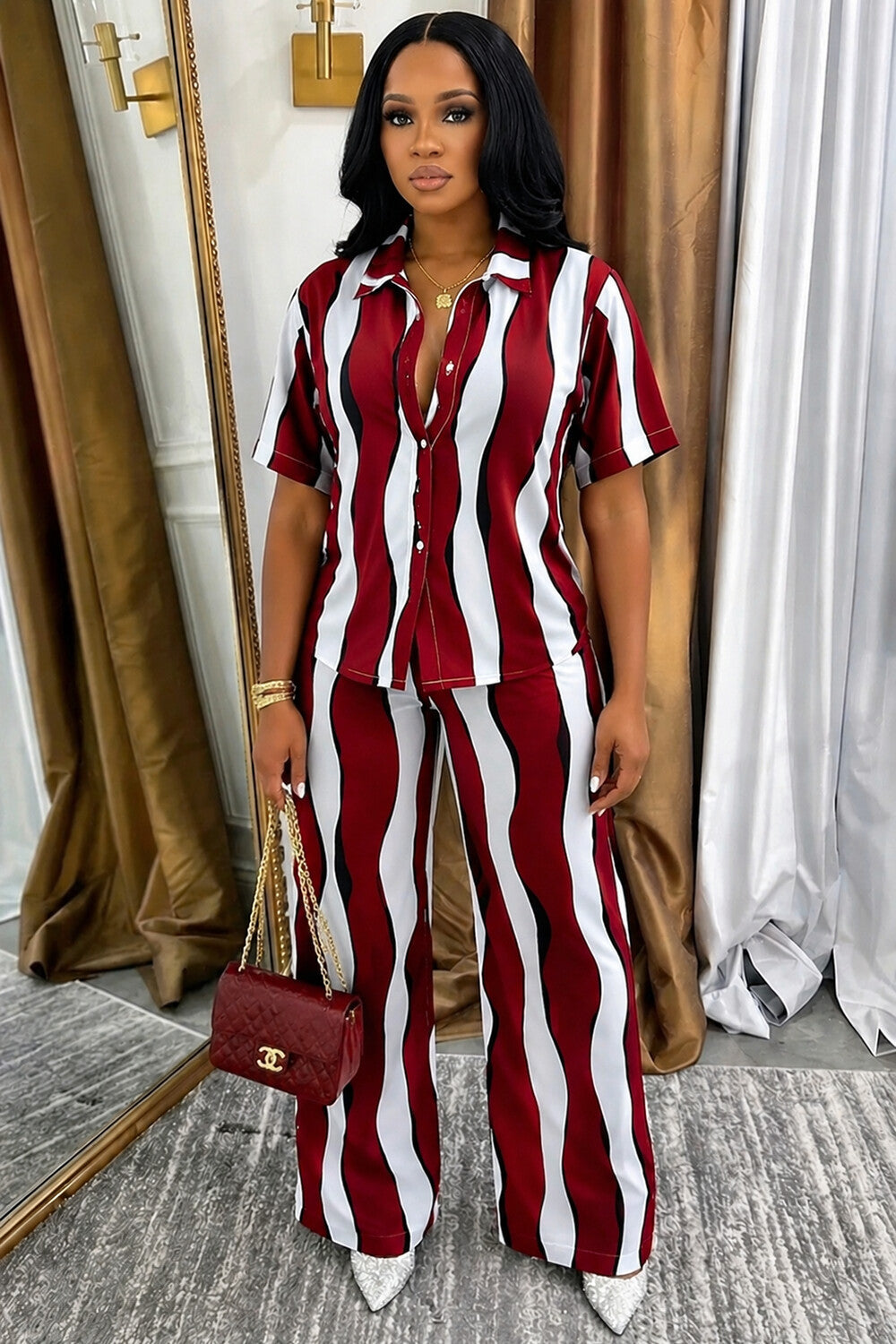 Striped  Collar Top Wide Leg Pants Casual 2pcs Set-Red