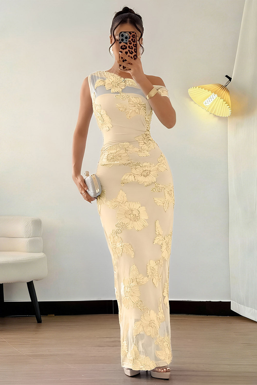 One Shoulder Floral Pattern Mesh Patchwork Slim Fit Gowns Maxi Dresses-Blue