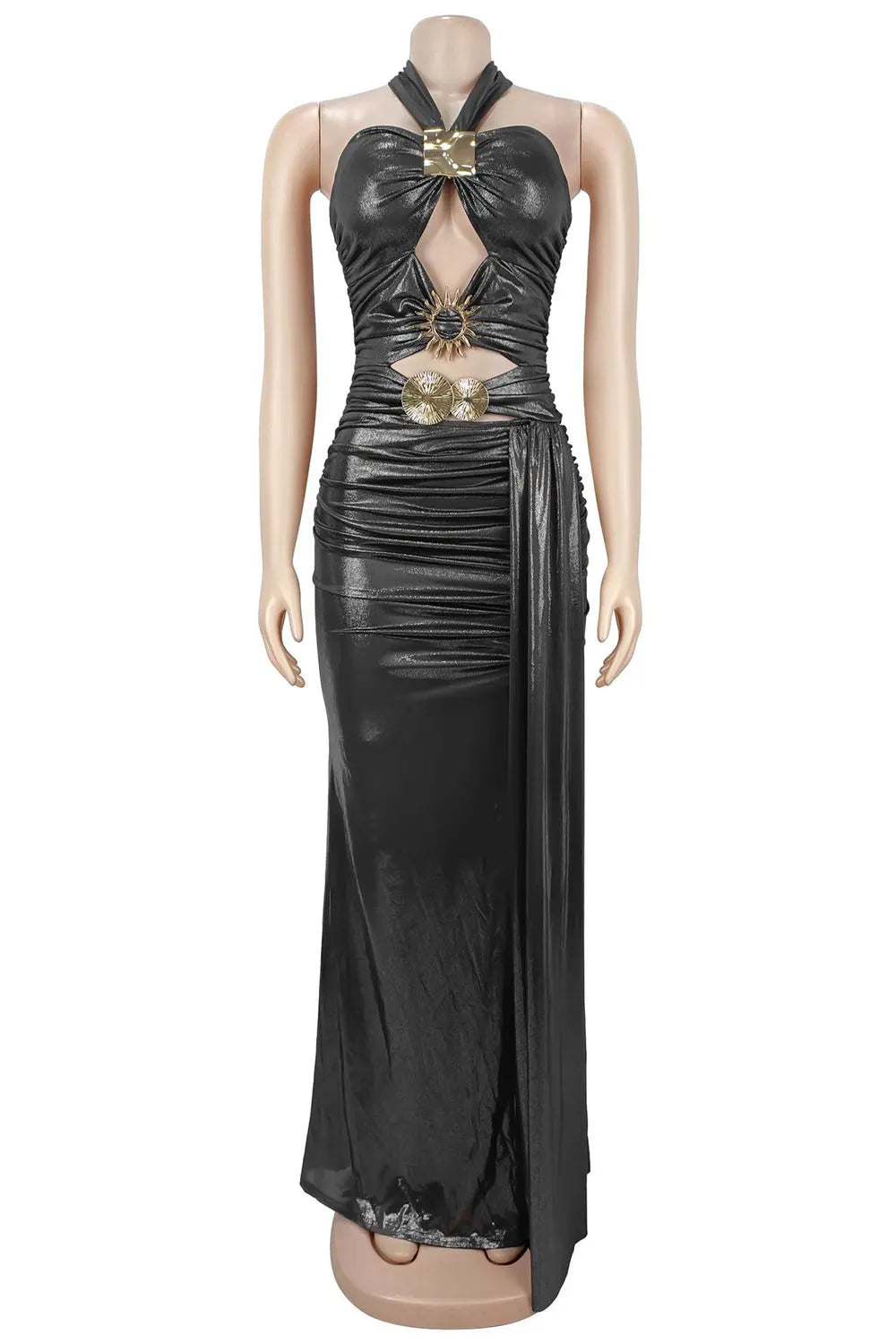Halter Neck Front Cut Out Ruched High Slit Vacation Maxi Dresses-Black