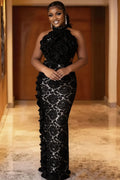 Halter 3D Flower Patchwork Cut Out Slim Gowns Maxi Dresses-Black