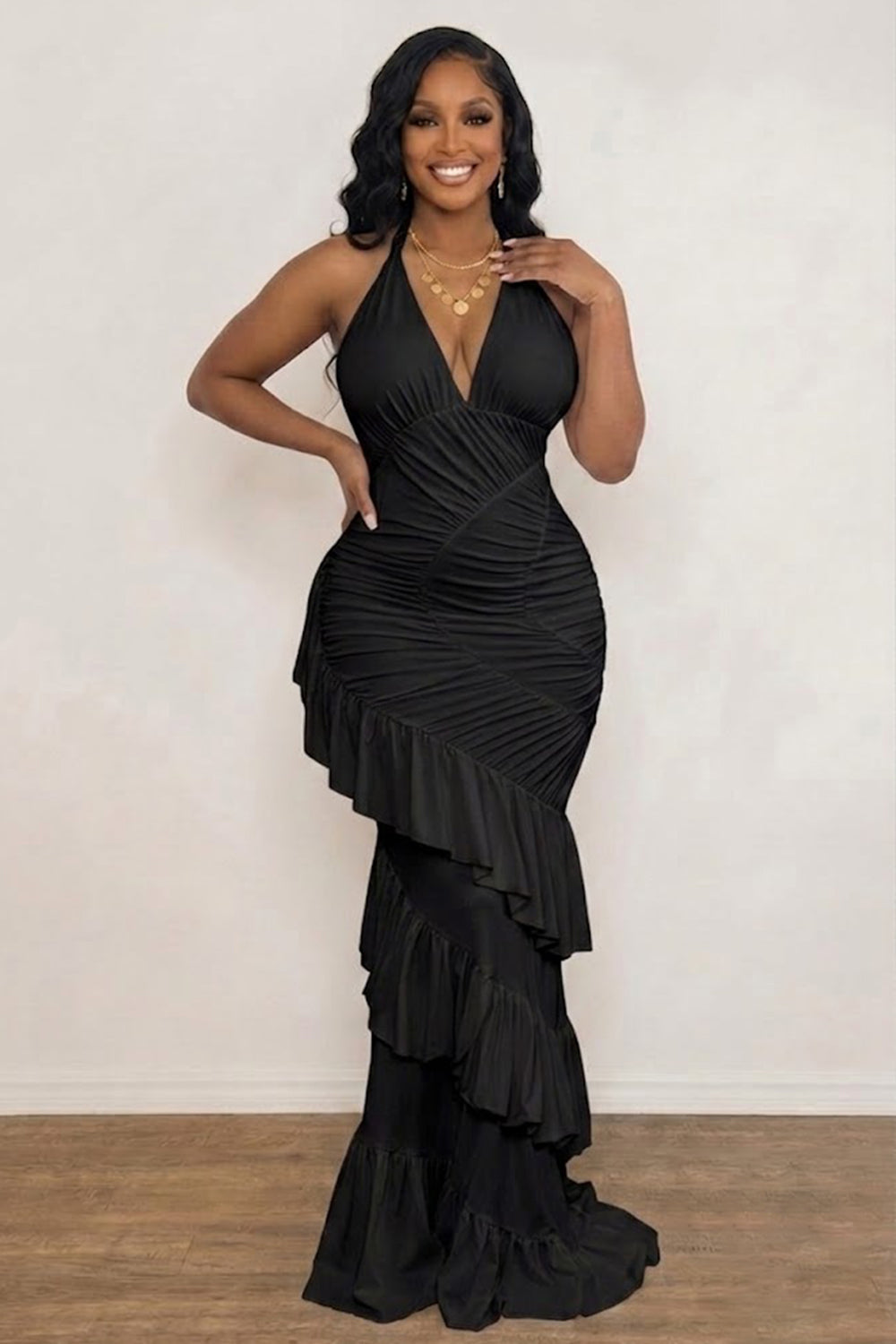 Halter Neck Flounced Tiered Bodycon Evening Gowns Maxi Dresses-White