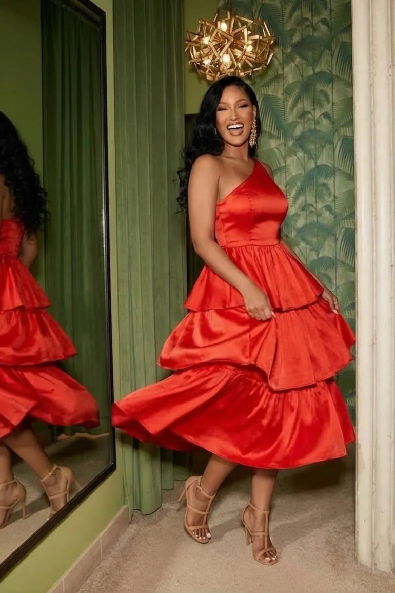 One Shoulder Cinch Waist Layered Ruffles Party Midi Dresses-Red