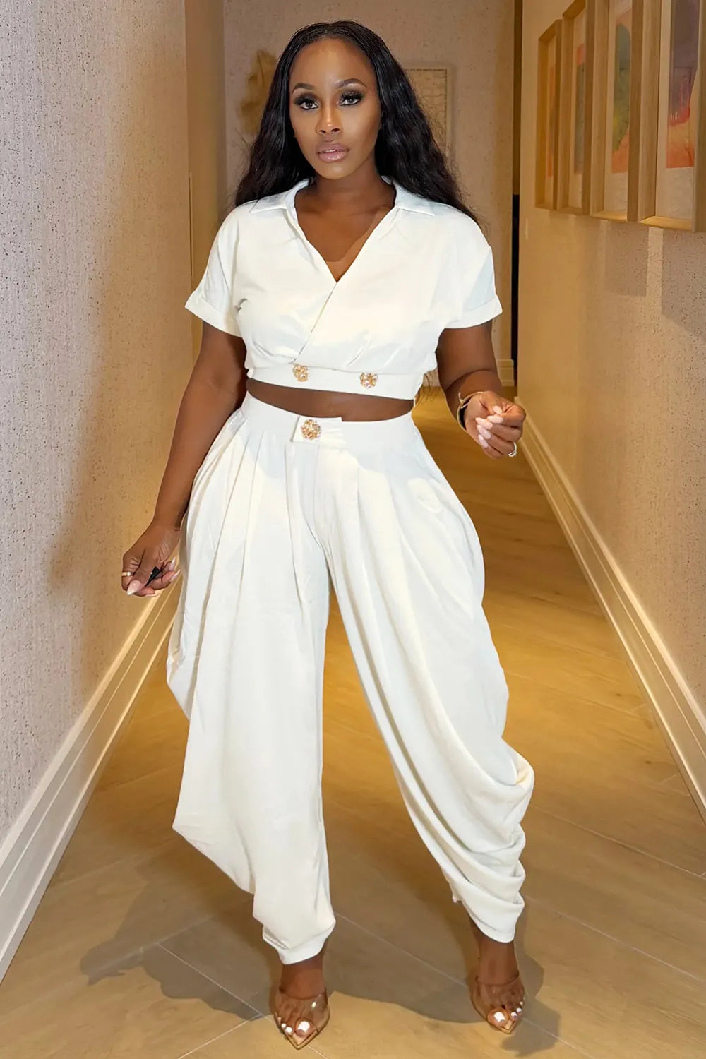 V Neck Short Sleeve Metal Decor Top Harem Pants 2pcs Set-White
