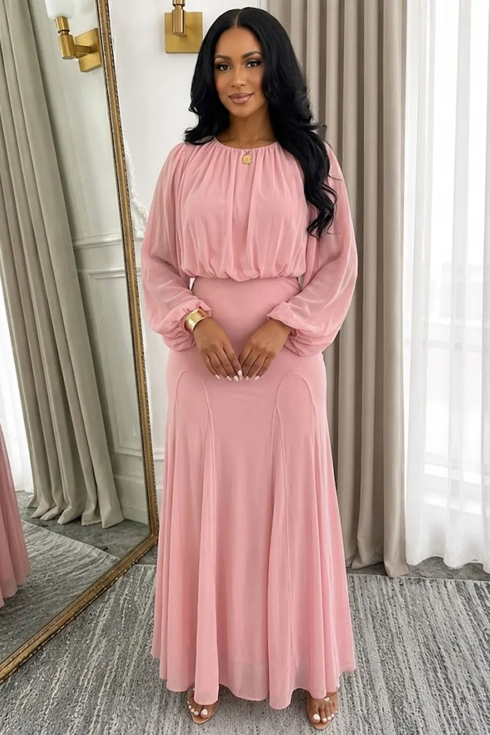 Round Neck Long Sleeve High Waist Draped Evening Gowns Maxi Dresses-Green