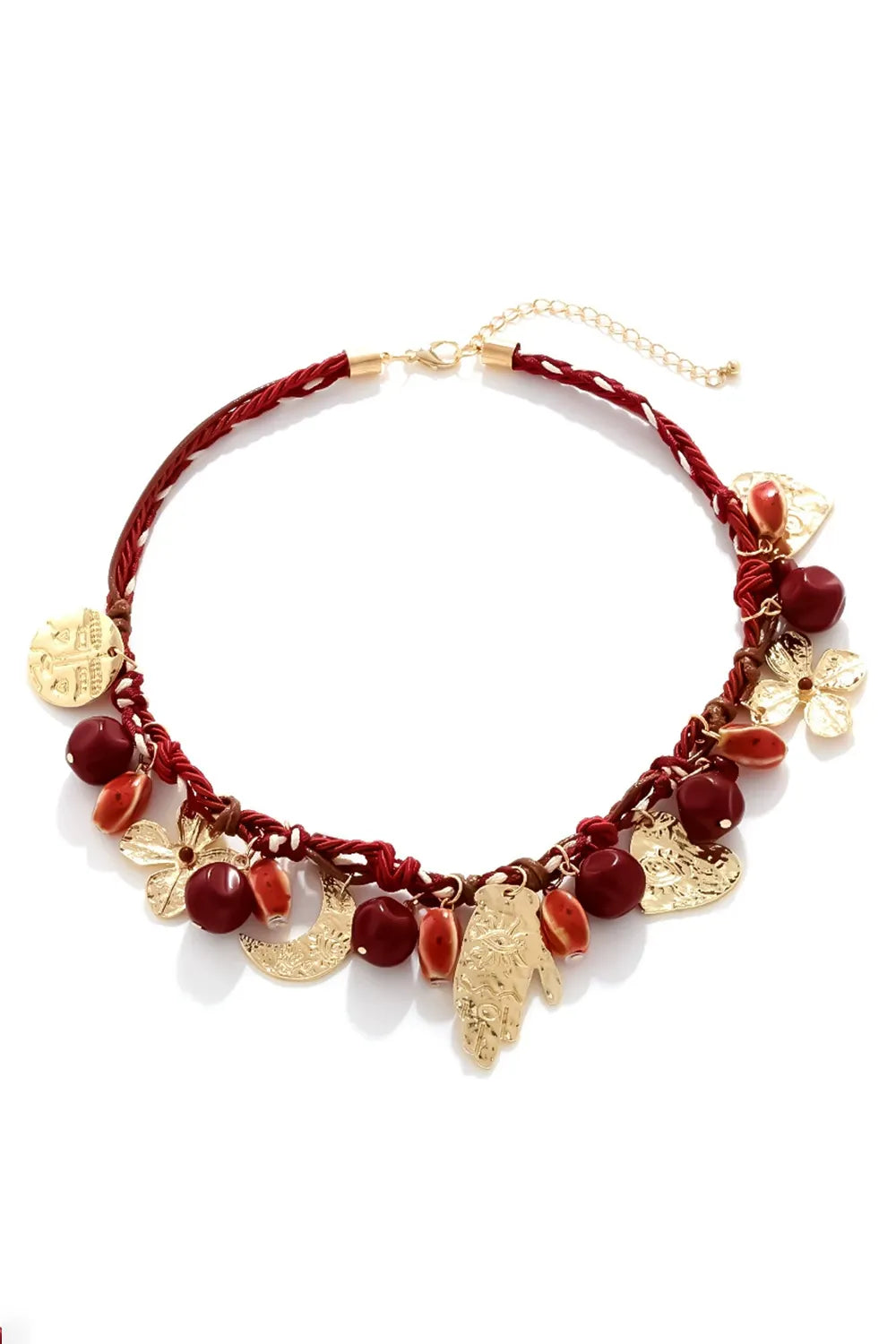Vintage Woven Rope Red Seed Bead Moon Floral Metal Pendant Necklace