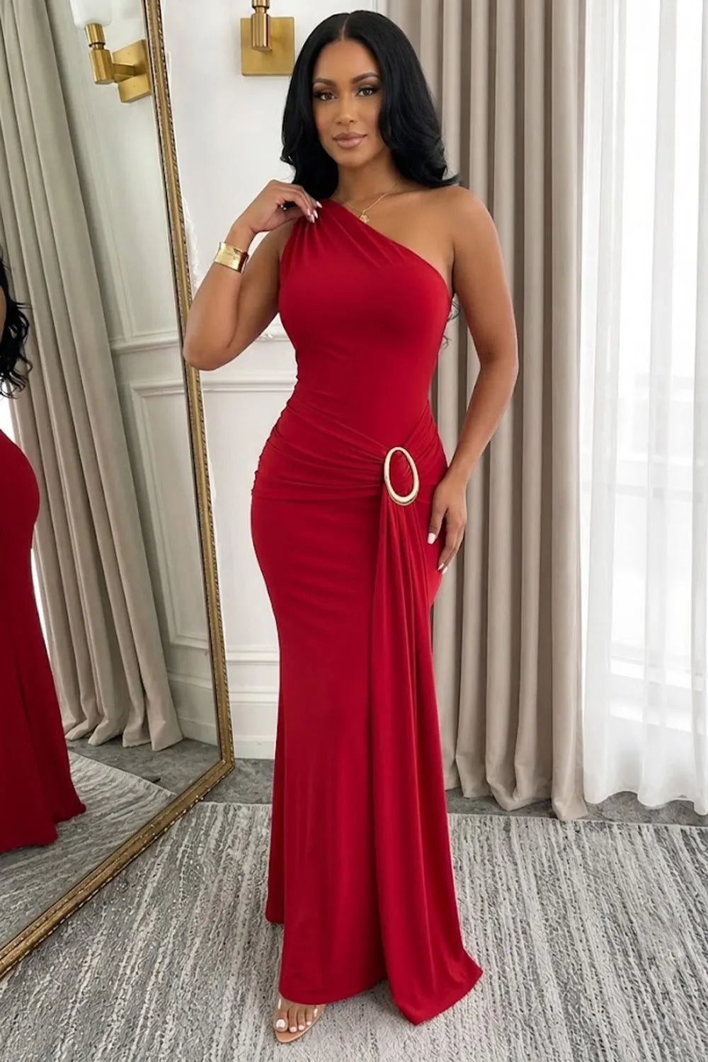Metal Decor Long Sash Backless One Shoulder Slim Fit Gowns Maxi Dresses-White