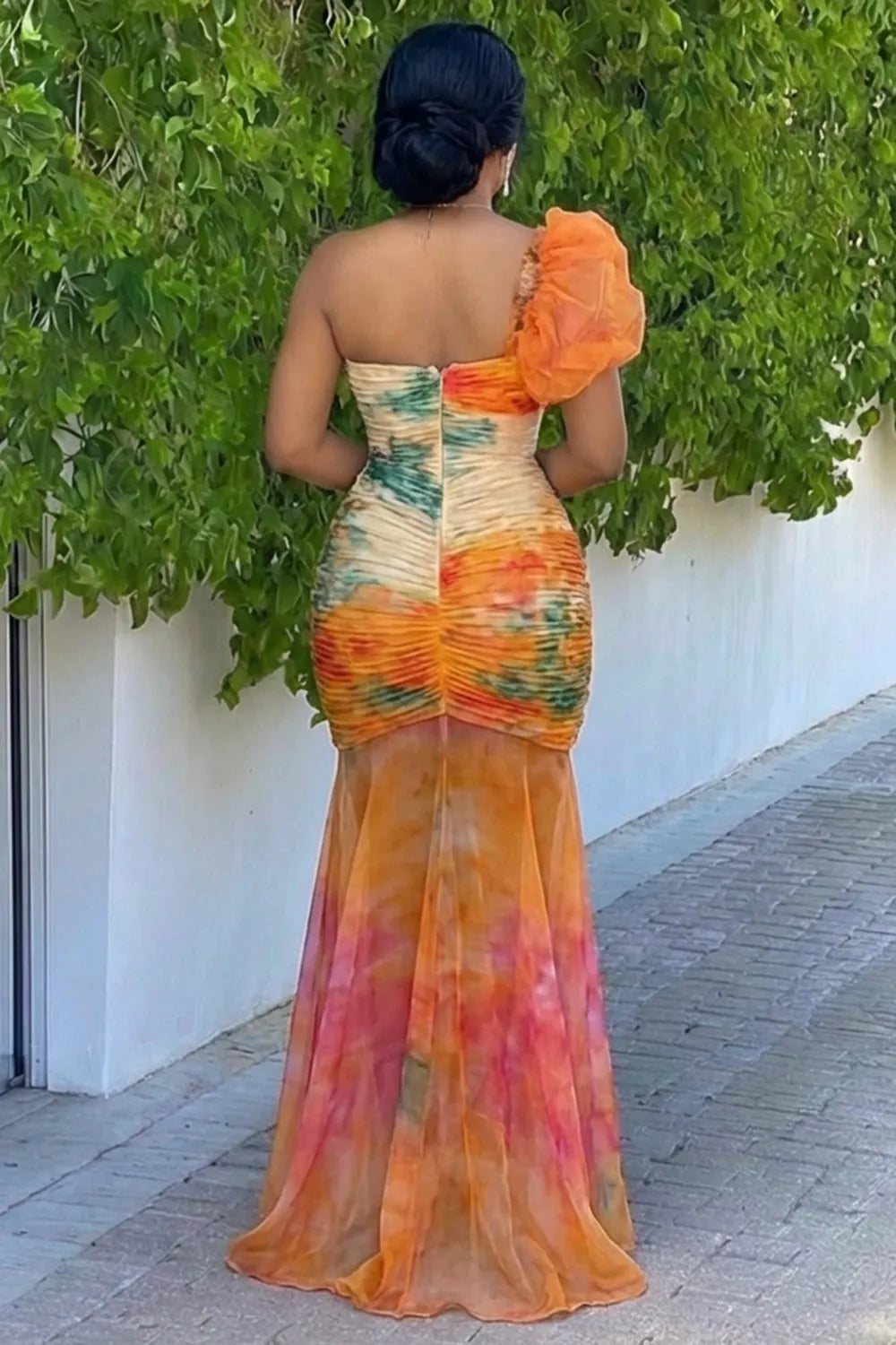 One Shoulder Ruched Mesh Hem Fishtail Maxi Dresses