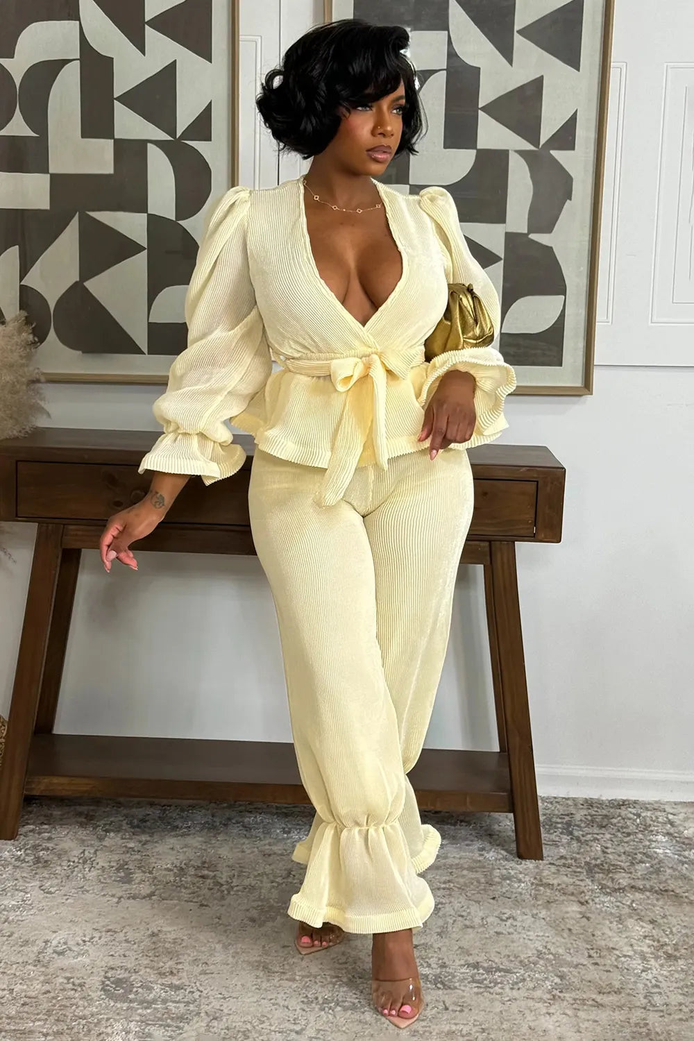 Ribbed V Neck Flare Sleeve Top Wide Leg Pants 2pcs Set-Yellow