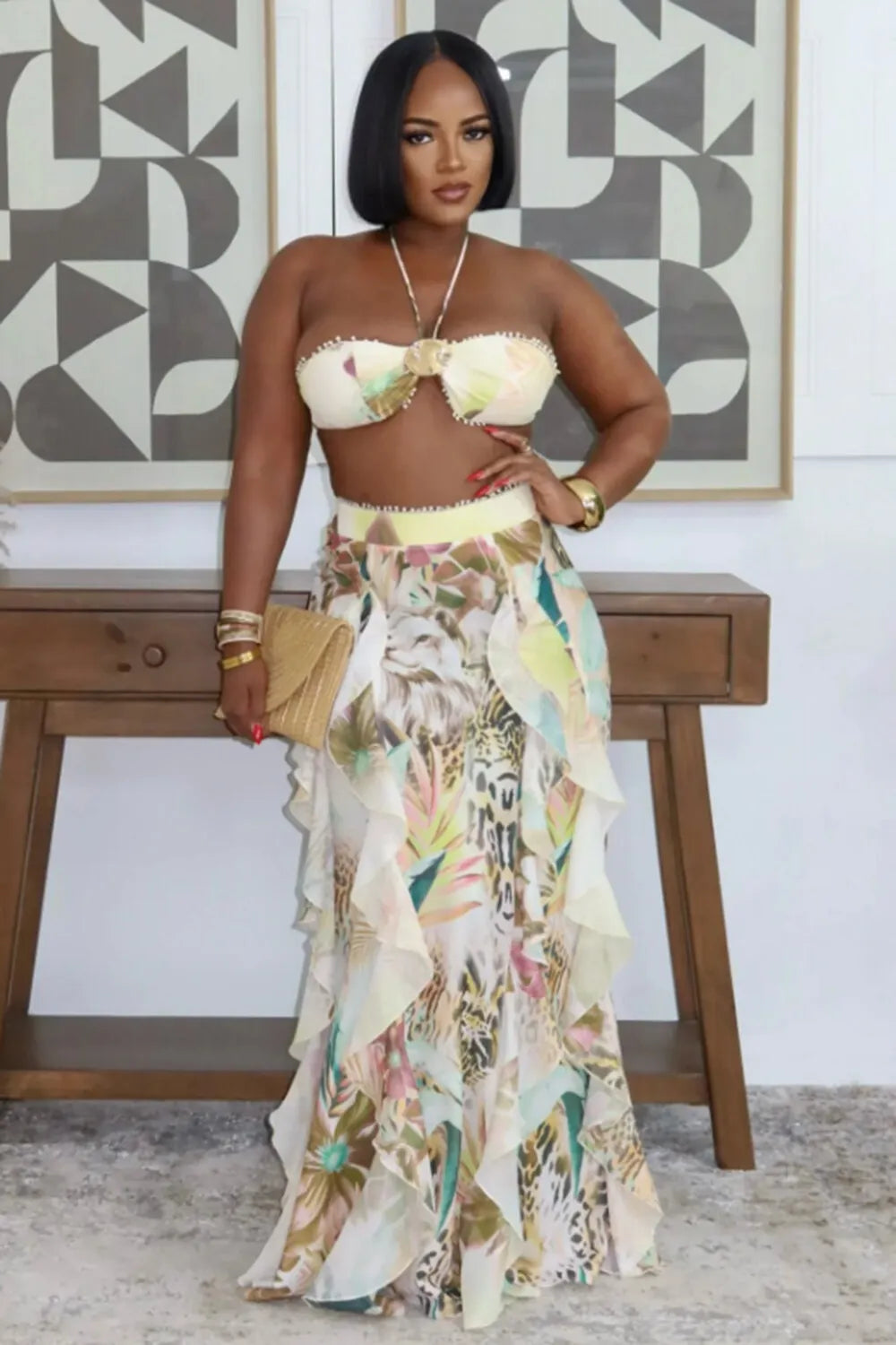 Leaf Print Halter Tube Top High Waist Maxi Skirt 2pcs Set-White