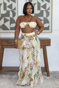 Leaf Print Halter Tube Top High Waist Maxi Skirt 2pcs Set-White