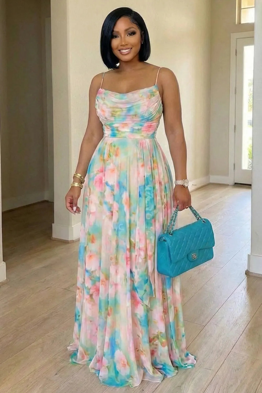 Spaghetti Strap Cinch Waist Floral Print Maxi Dresses