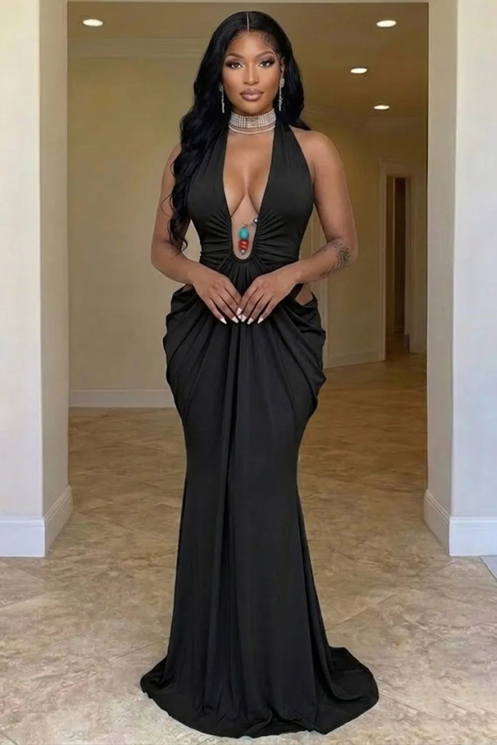 Halter Plunge Neck Cut Out Ruched Backless Bodycon Gowns Maxi Dresses-Blue