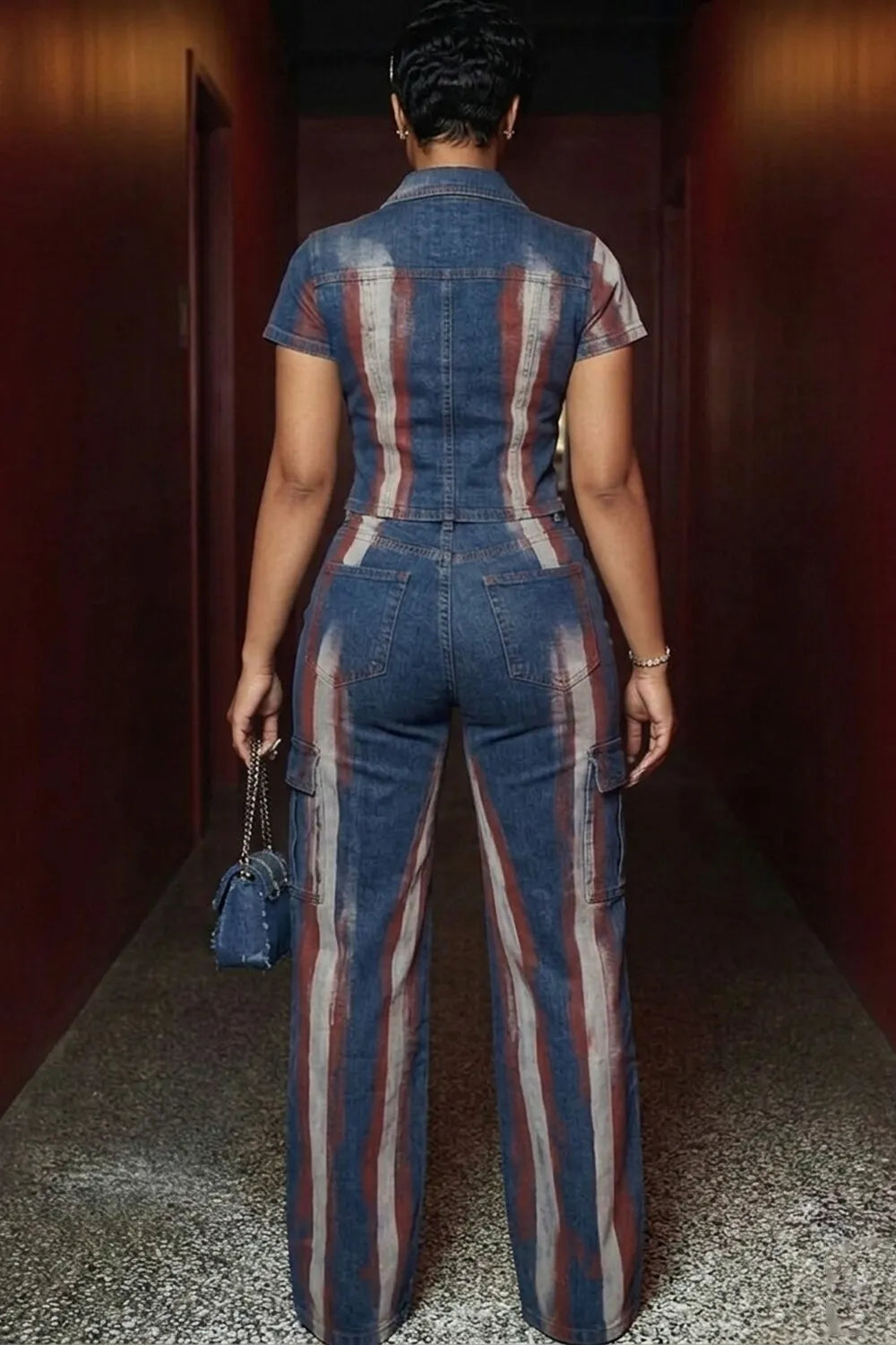 Stripe Print Zipper Top Cargo Pants Denim 2pcs Set