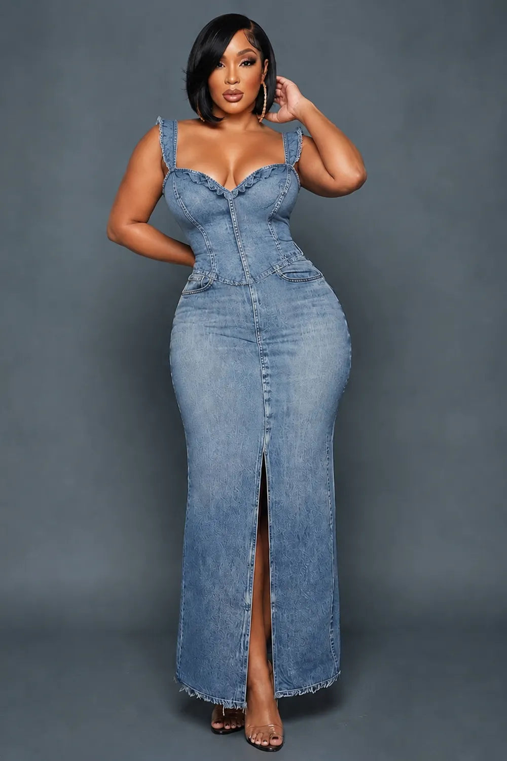 Wide Strap Sweetheart Neck Slit Vacation Denim Maxi Dresses-Blue