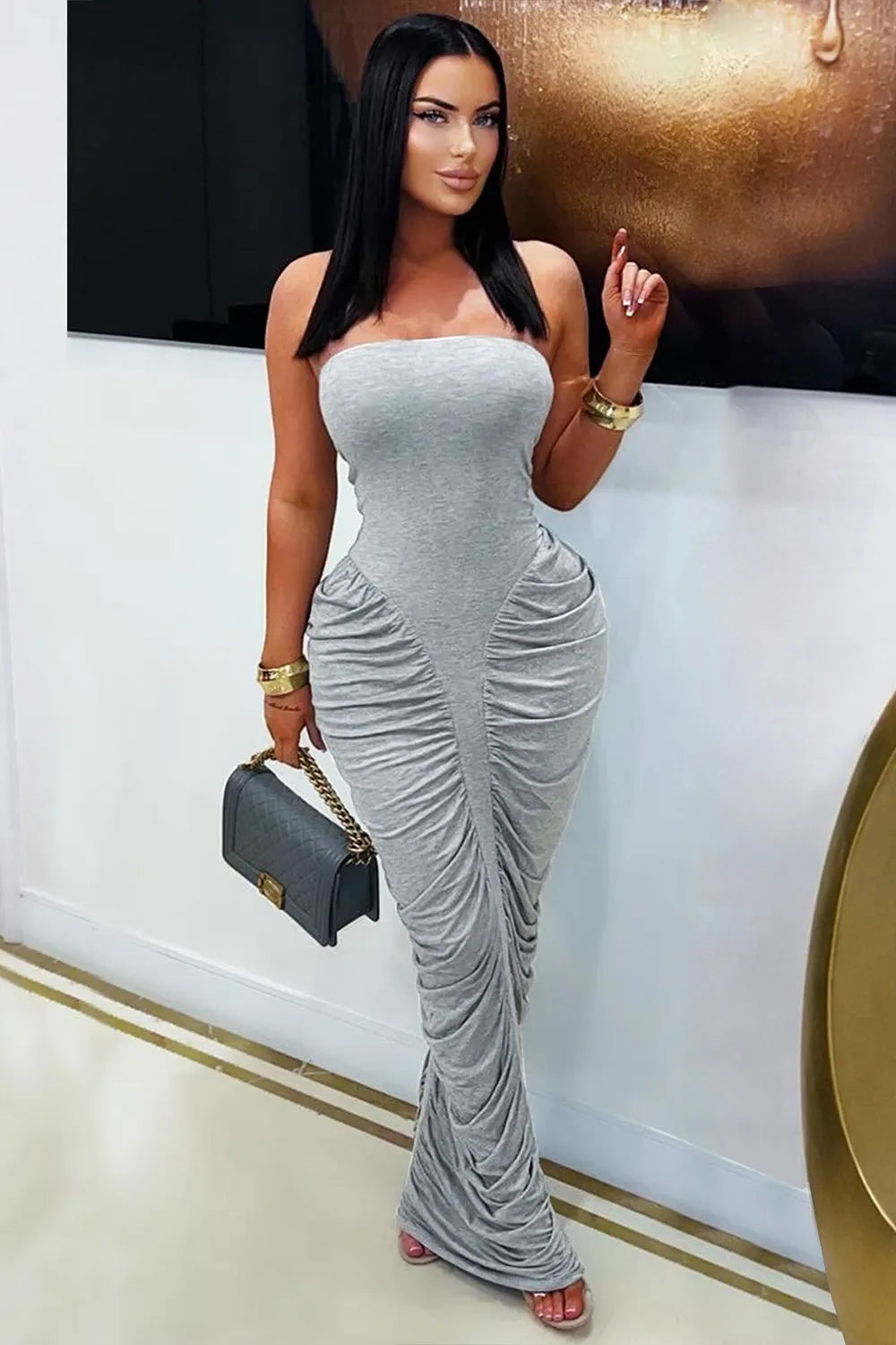 Strapless Solid Color Ruched Bodycon Evening Gowns Maxi Dresses-Gray