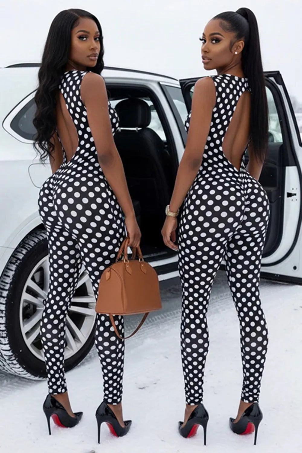 Wide Straps Square Neck Backless Polka Dot Bodycon Casual Jumpsuit-Black