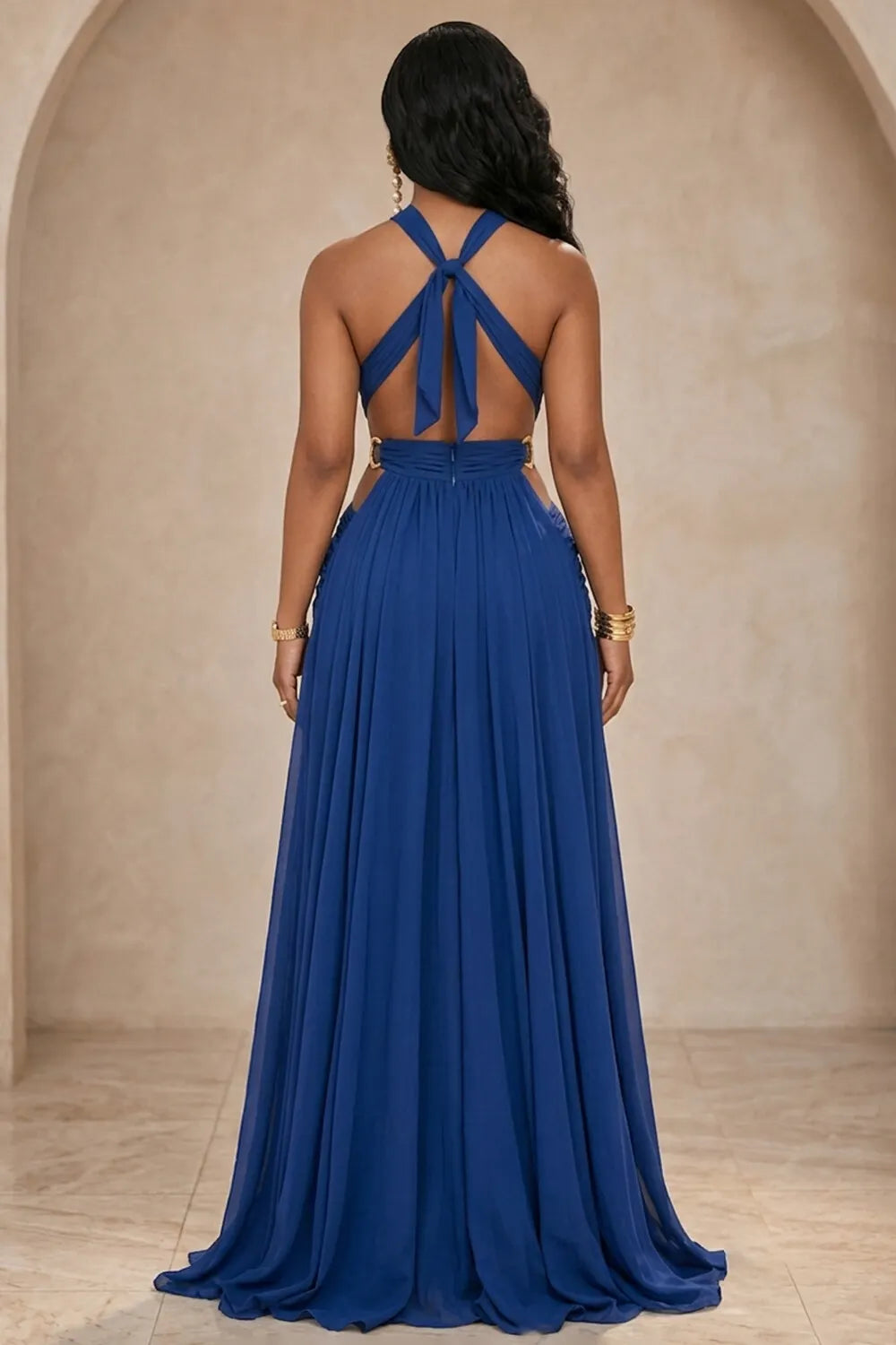Halter Front Cut Out Streamer Slit Backless Maxi Dresses-Blue
