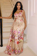 Wide Straps Cinch Waist Floral Side Train Gowns Maxi Dresses-Gold