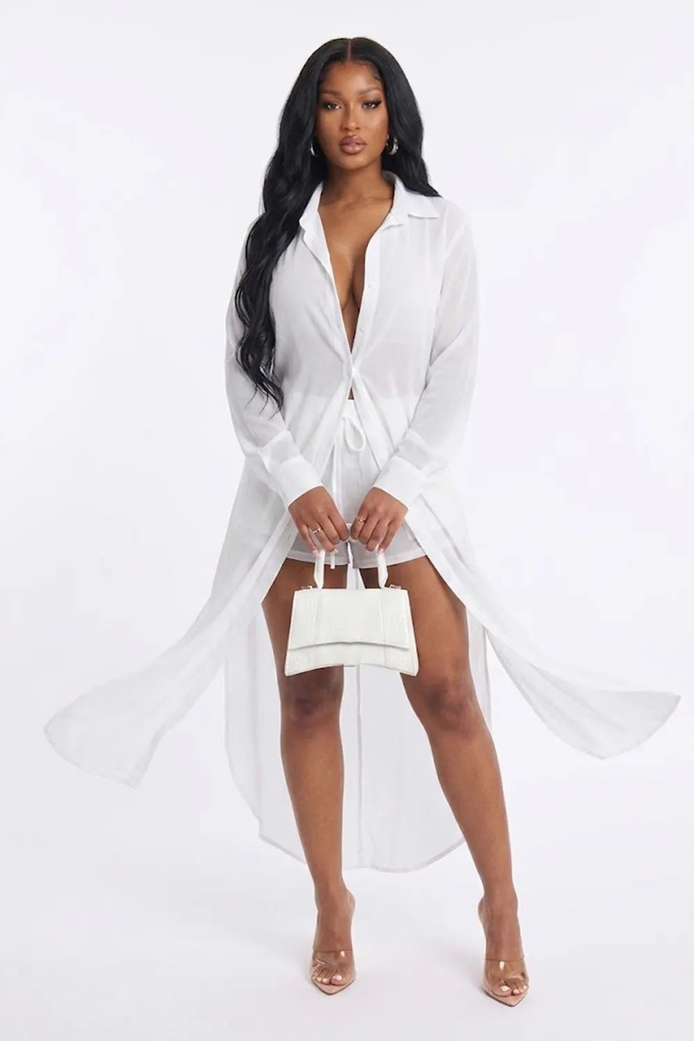 See Through Mesh Long Sleeve Button Slit Long Top Shorts 2pcs Set-Fuchsia