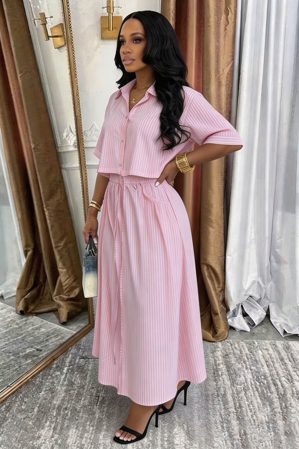 Striped Short Sleeve Blouse Drawstring A-Line Maxi Skirt Casual 2pcs Set-Pink