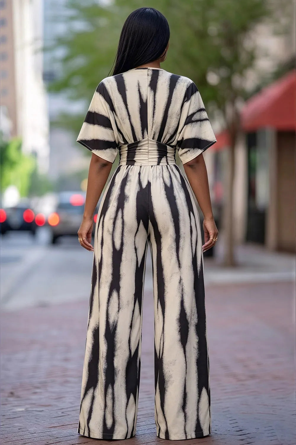 Tie Dye Print Batwing Sleeve High Waist Casual Jumpsuit-Black