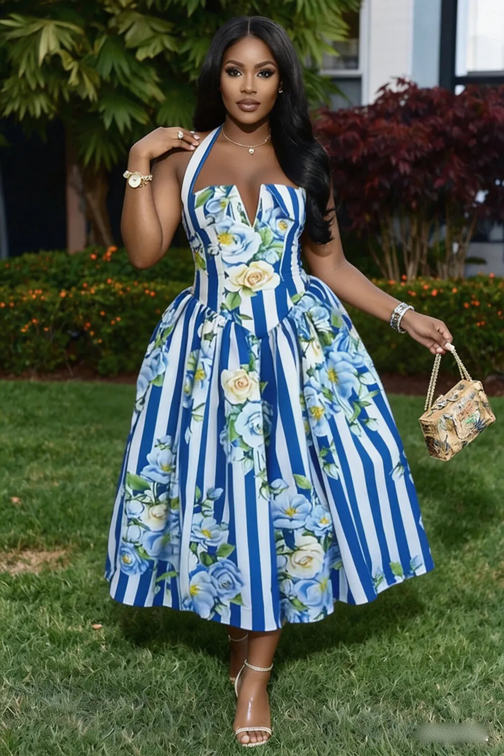 Halter Backless Floral Print Bouffant Gowns Maxi Dresses-Blue