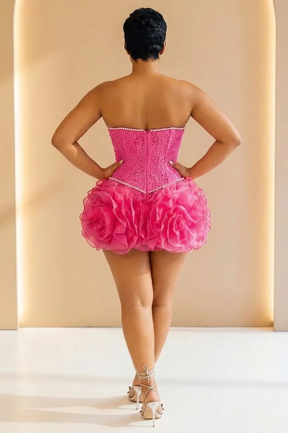 Strapless Rhinestone Jacquard 3D Floral Hem Mini Dresses-Fuchsia