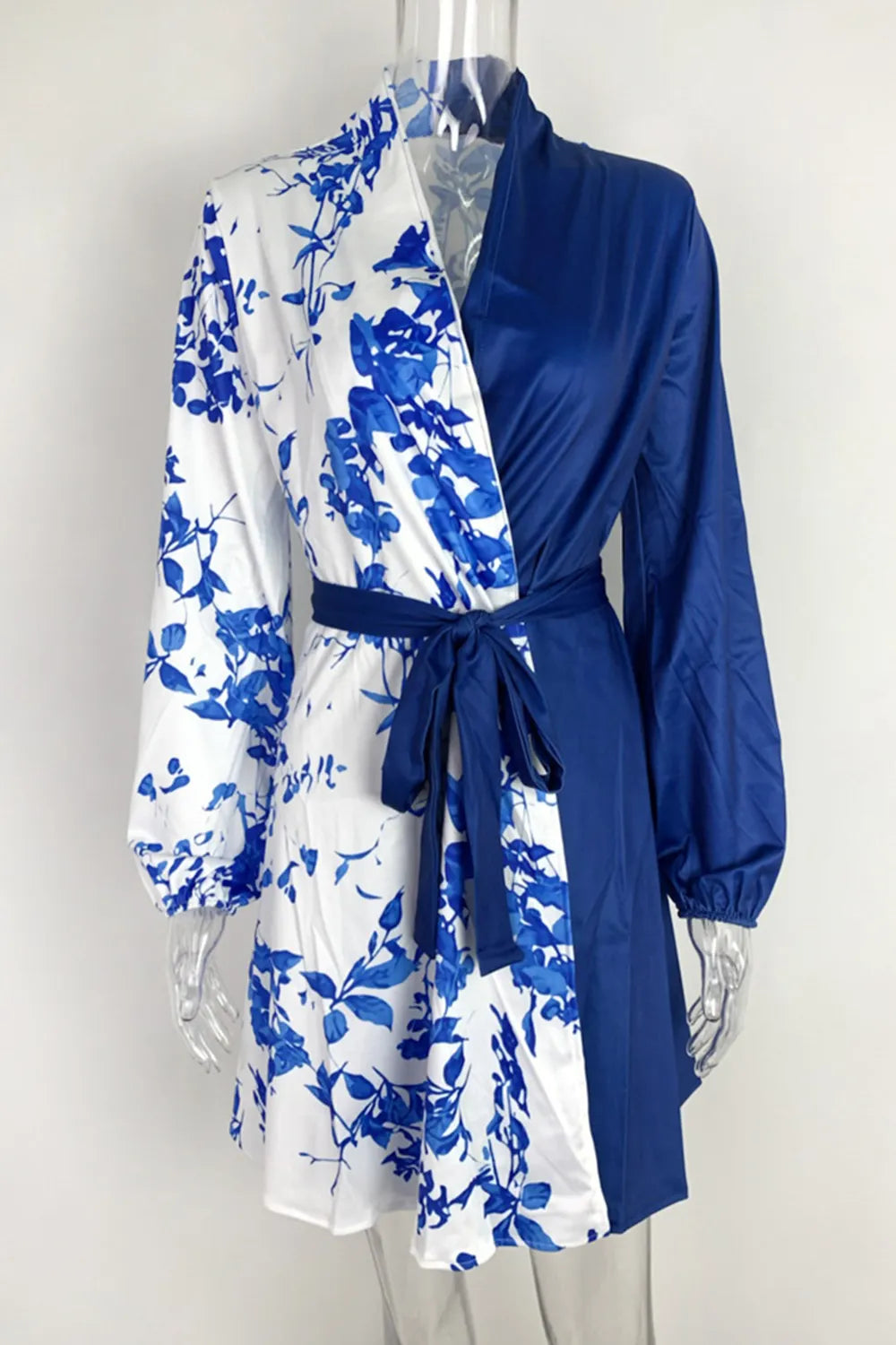 Shawl Lapel Long Sleeve Colorblock Flower Print Wrapped Mini Dresses-White