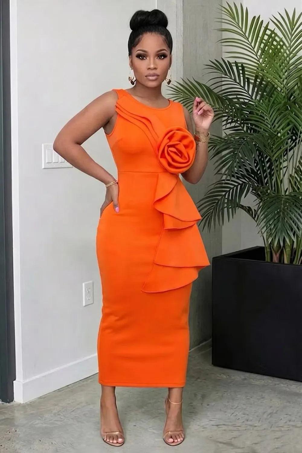 Round Neck Sleeveless 3D Flower Ruffle Trim Slim Formal Maxi Dresses-Orange