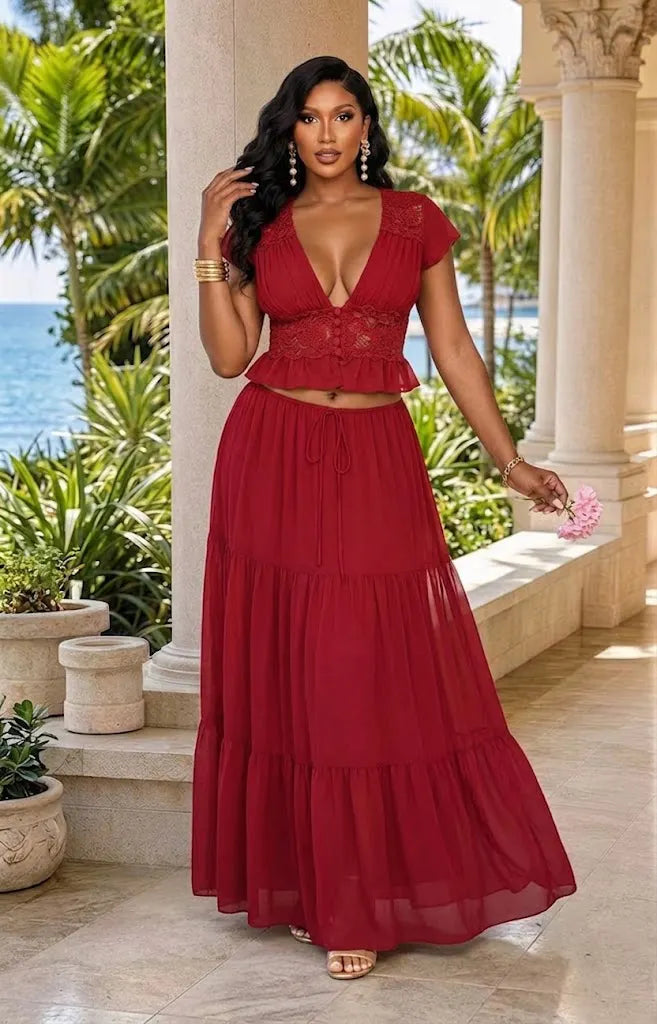 V Neck Single Breasted Lace Crop Top Drawstring Maxi Skirt 2pcs Set-Red