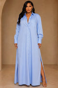 Turndown Collar Single Breasted Split Hem Loose Fit Maxi Shirt Dresses-Blue