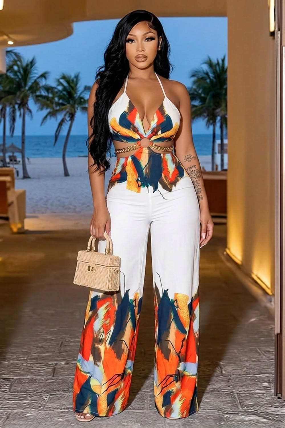 Halter Cut Out Tie Dye Wide Leg Vacation Jumpsuit