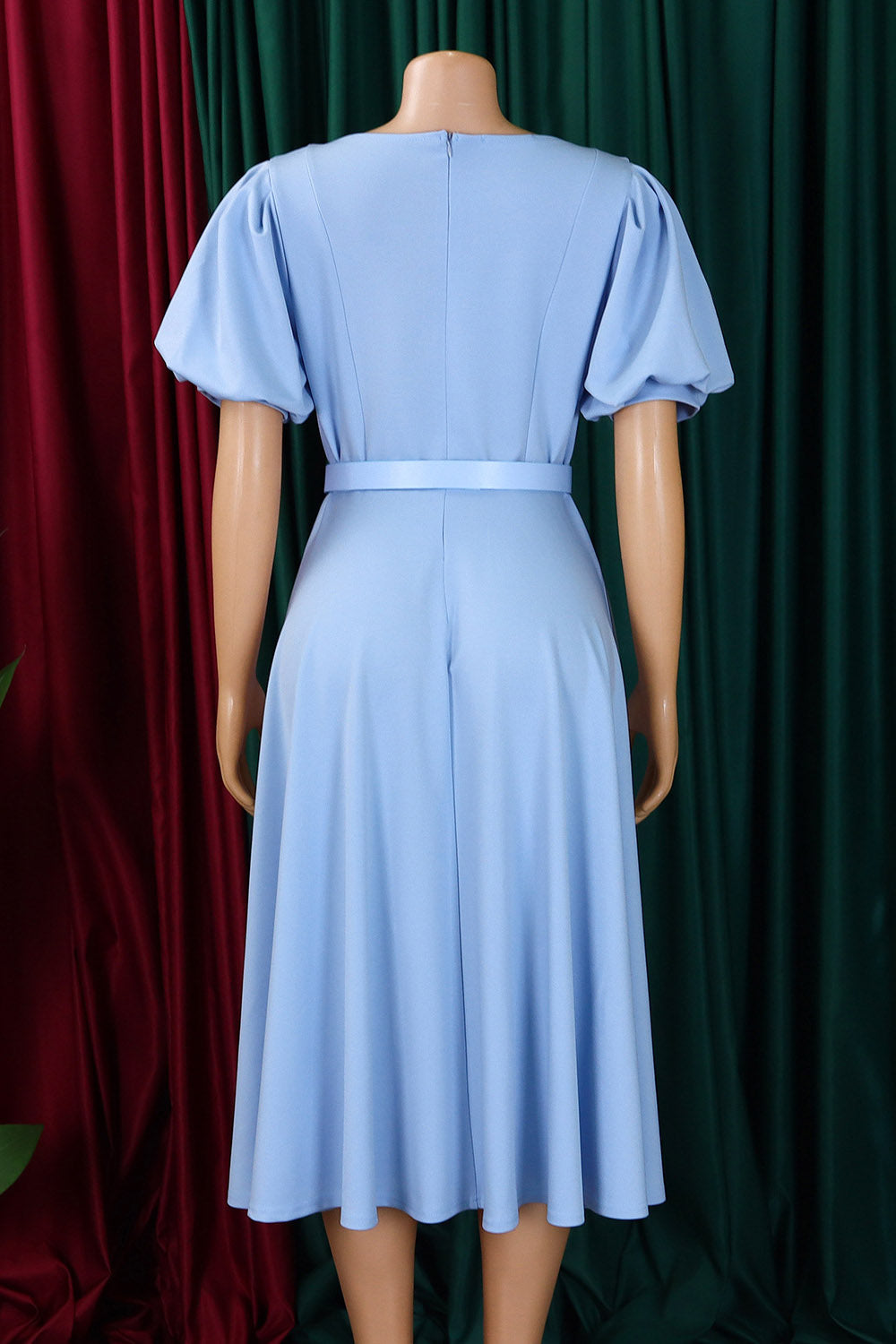 Round Neck Puff Sleeve Solid Color High Waist A-Line Formal Maxi Dresses-Blue